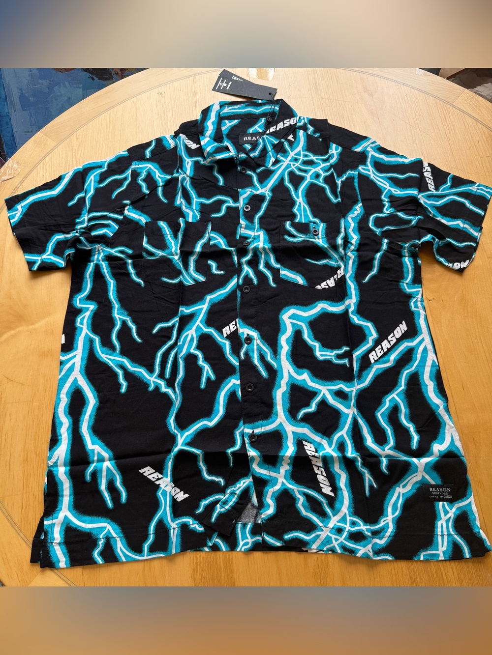 NWT Reason NYC Lightning Print Rayon Camp Shirt XL Black Blue Button Up